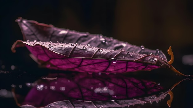 Fioletowy liść z kroplami wody na powierzchni
