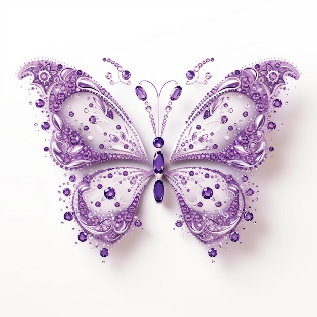 fioletowy motyl z fioletowymi koralikami i kryształami na białym tle generatywna ai
