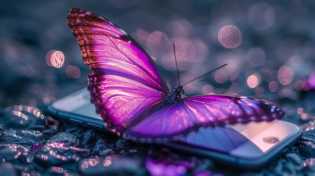 fioletowy motyl z fioletowymi skrzydłami siedzi na mokrej powierzchni
