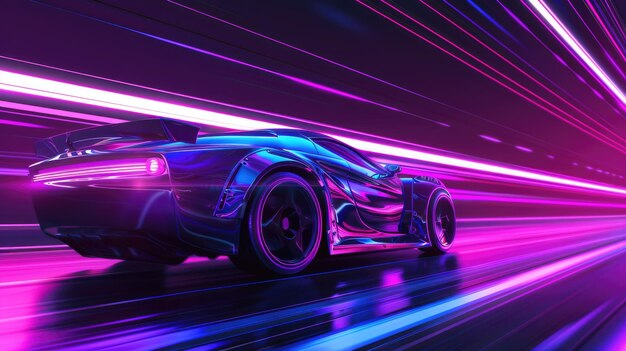 Fioletowy neon świecący w ciemności samochód elektryczny na wysokiej prędkości.