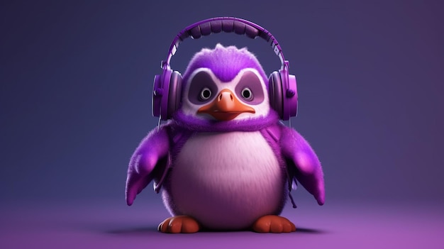 Fioletowy pingwin ze słuchawkami i bluzą z kapturem