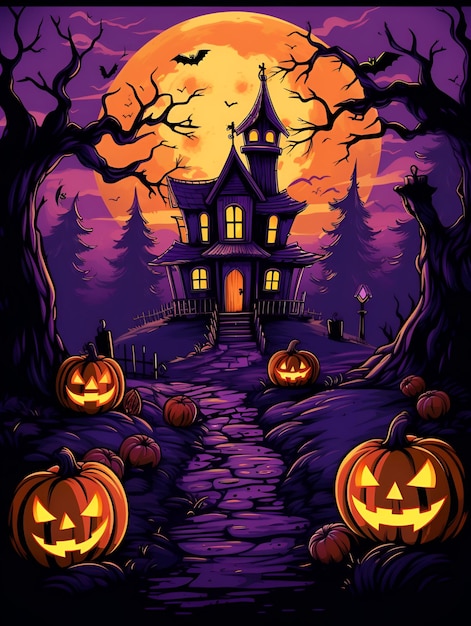 fioletowy plakat halloweenowy z mistycznym starym domem i dynią jack o'lantern na tle pełni księżyca