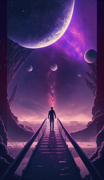 Fioletowy plakat z mężczyzną idącym po torze z planetą w tle.