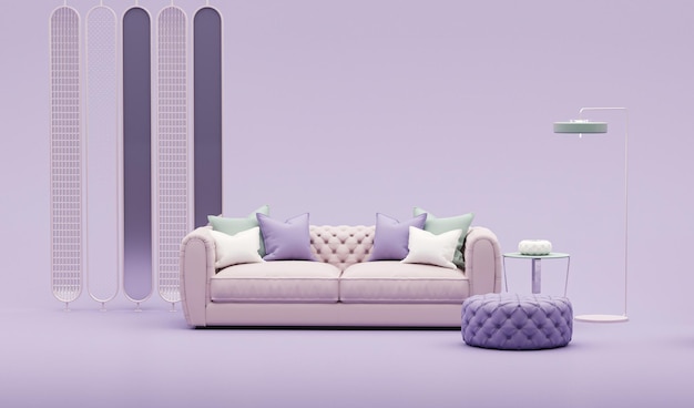 Fioletowy pokój z fioletową kanapą i lampą