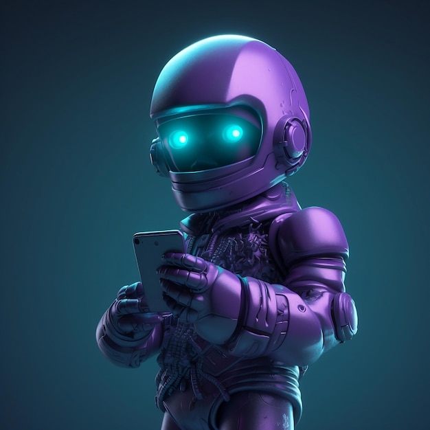 Fioletowy robot z jasnoniebieskimi oczami sprawdzający swój telefon