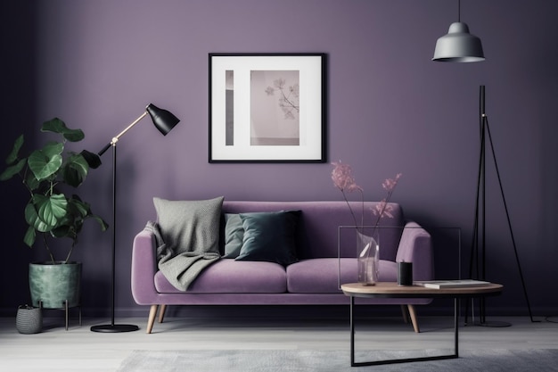 Fioletowy salon z fioletową sofą i lampą.