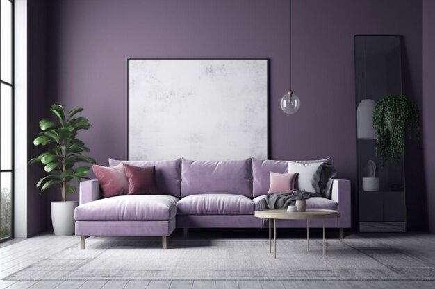 Fioletowy salon z fioletową sofą i plakatem w białej ramie.