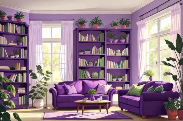 Zdjęcie fioletowy salon z kanapą i półką z ilustracjami