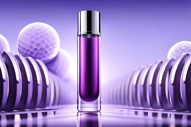 Fioletowy szablon reklamy produktu kosmetycznego 3d ilustracja słoika i butelki latającej wśród szklanych dysków i