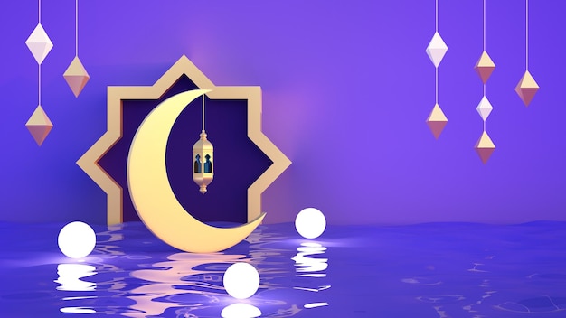 Fioletowy sztandar z księżycem i latarnią na święta muzułmańskie i renderowanie ramadan d