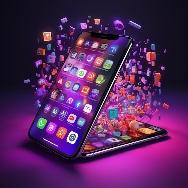 fioletowy telefon komórkowy otoczony kolorowymi aplikacjami