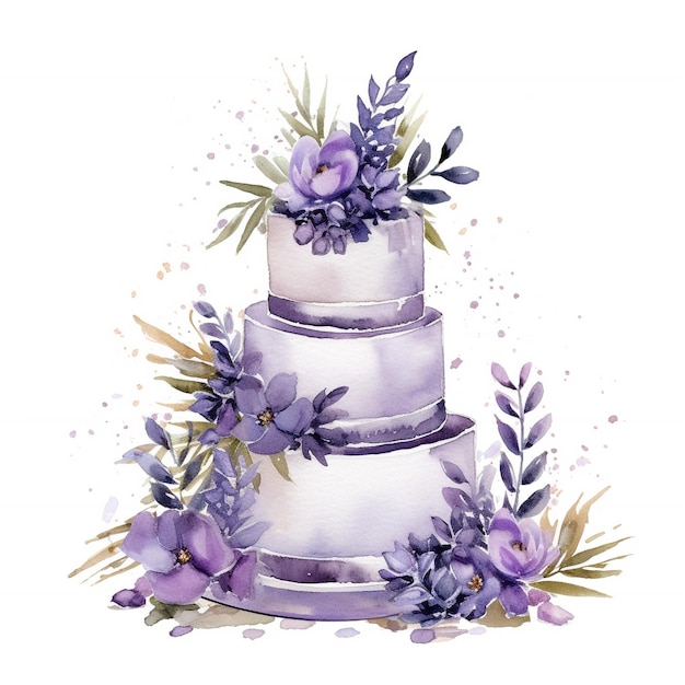 Fioletowy tort z fioletowymi kwiatami stoi na paterze