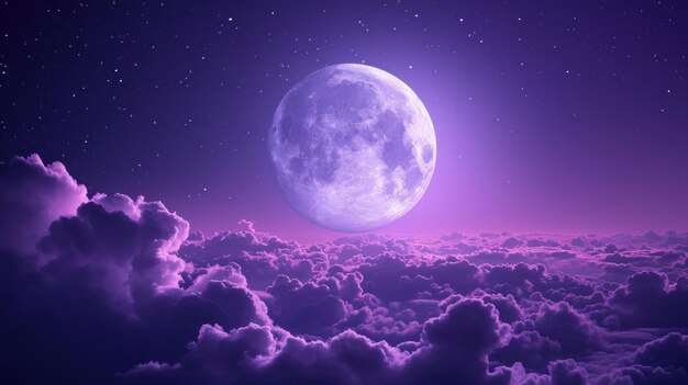 fioletowy widok świecącego księżyca z chmurami na gwiezdnym niebie
