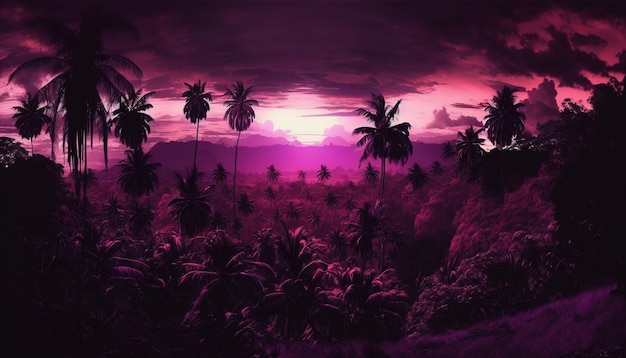 Fioletowy zachód słońca z palmami na pierwszym planie i fioletowe niebo ze świecącym słońcem.
