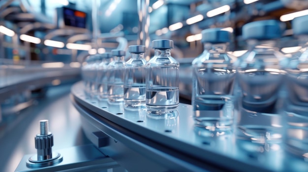 Fiolki farmaceutyczne na sterylnej linii produkcyjnej w fabryce farmaceutycznej