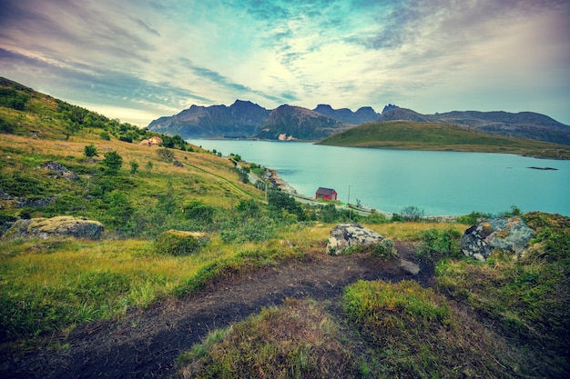 Fiord wieczorem przy pochmurnej pogodzie Skalisty brzeg wieczorem Piękna przyroda Norwegia Lofoty