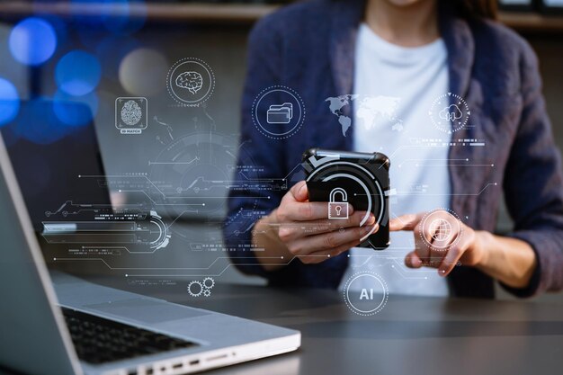 Firma zajmująca się bezpieczeństwem sieci przy użyciu cyfrowego tabletu i komputera z cyfrową kłódką do ochrony danych, technologii internetowych i technologii bezpieczeństwa cybernetycznegoxA