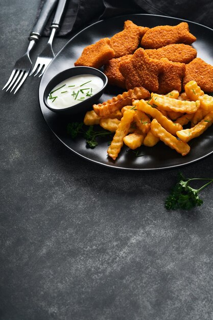 Fish Chips Brytyjskie Fast Food Paluszki Rybne z frytkami na czarnym talerzu na czarnym tle stołu Tradycyjne brytyjskie autentyczne jedzenie uliczne lub jedzenie na wynos Makieta z miejscem na tekst