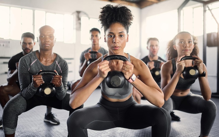 Zdjęcie fitness kettlebell i zajęcia na siłowni z czarną trenerką trenującą grupę sportowców w centrum ćwiczeń trenuj zdrowie i dobre samopoczucie z drużyną mężczyzny i kobiety ćwiczącą w obiekcie sportowym