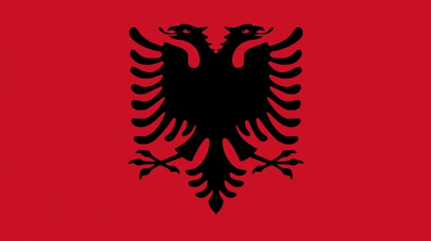 Flaga Albanii Flaga albańska na powierzchni tkaniny Tekstura tkaniny Albanski symbol narodowy Albanii na wzorowanym tle Kraj bałkański Kraj europejski Republika Albanii
