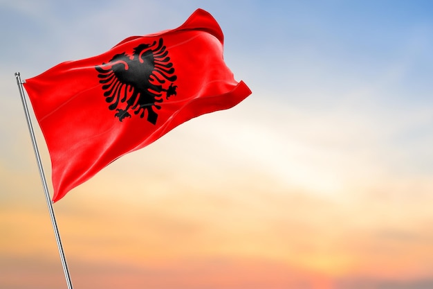 Flaga Albanii w wysokiej jakości realistycznym renderowaniu 3D z przestrzenią boczną dla tekstu i nagłówka baneru