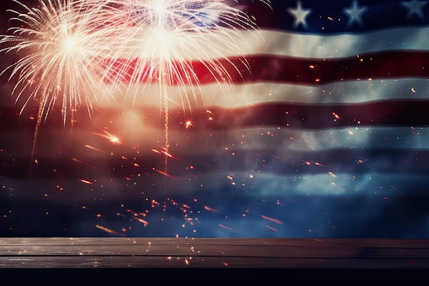 Flaga amerykańska i fajerwerki na drewnianym stole z miejscem na tekst Uroczyste fajerwerki na tle amerykańskiej flagi w Dniu Niepodległości USA Wygenerowano sztuczną inteligencję