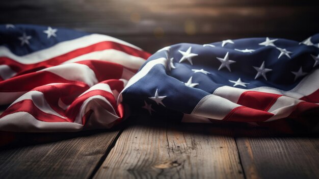 Flaga amerykańska na drewnianym stole symbolika patriotyczna koncepcja dzień pamięci