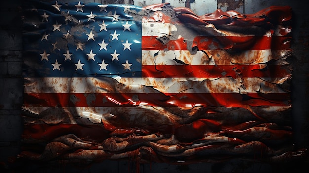 Flaga amerykańska na teksturze ściany, efekt tekstury na efekt świetlny flagi wokół niej