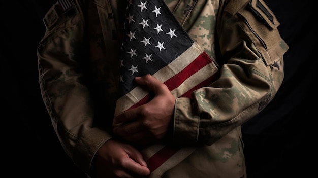 Zdjęcie flaga amerykańska trzymana przez żołnierza generatywna ai