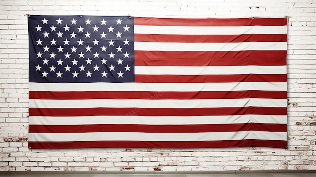 Flaga amerykańska wisząca na białej ceglanej ścianie pokoju Wisząca flaga Stanów Zjednoczonych na białej ścianie