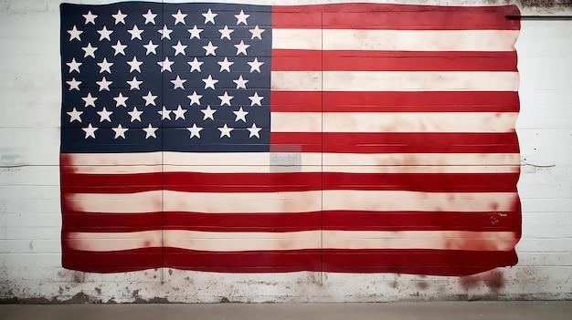 Flaga amerykańska wisząca na ścianie z czerwonej cegły i białej ścianie pokoju Wisząca flaga USA na czerwonej ścianie