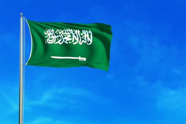Flaga Arabia Saudyjska na niebieskiego nieba tła 3d renderingu