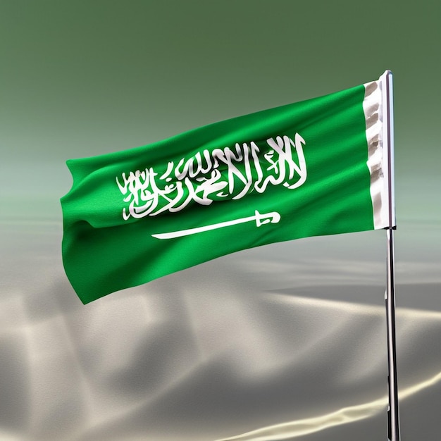 Zdjęcie flaga arabii saudyjskiej zielony powiewa wysoko na maszcie flagowym
