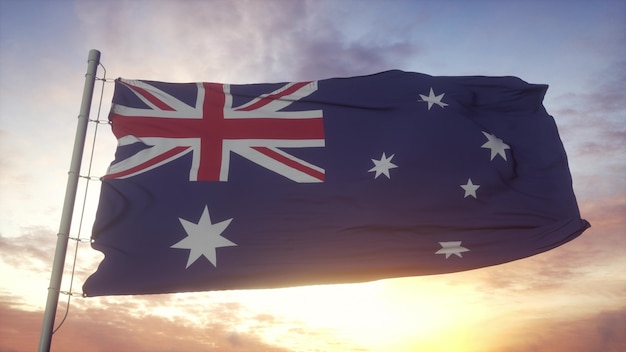 Flaga Australii Na Wietrze Przed Głębokim Pięknym Niebem. Renderowania 3d.