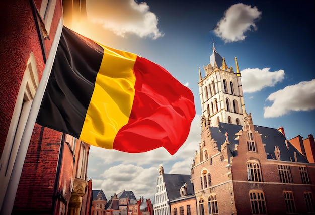 Flaga Belgii macha na tle nieba w tradycyjnym belgijskim mieście w pobliżu zamku