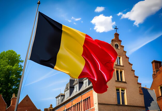 Flaga Belgii macha na tle nieba w tradycyjnym belgijskim mieście w pobliżu zamku