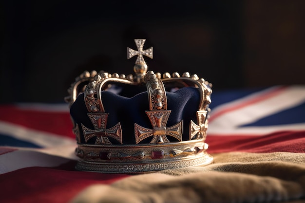 Zdjęcie flaga brytyjska i korona króla na ciemnym tle generatywne ai