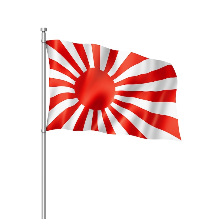 Zdjęcie flaga chorążego marynarki wojennej japonii, trójwymiarowy render na białym tle