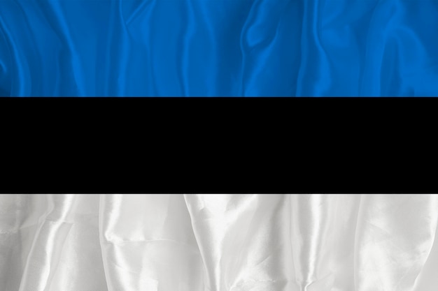 Flaga Estonii na jedwabnym tle jest wspaniałym symbolem narodowym Tekstura tkaniny Oficjalny państwowy symbol kraju