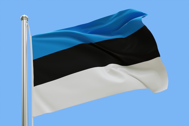 Flaga Estonii na masztem macha na wietrze. Pojedynczo Na Niebieskim Niebie