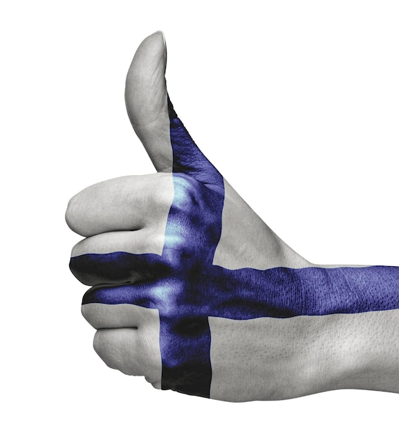 Flaga Finlandii pod ręką wskazująca zgodę na białym tle