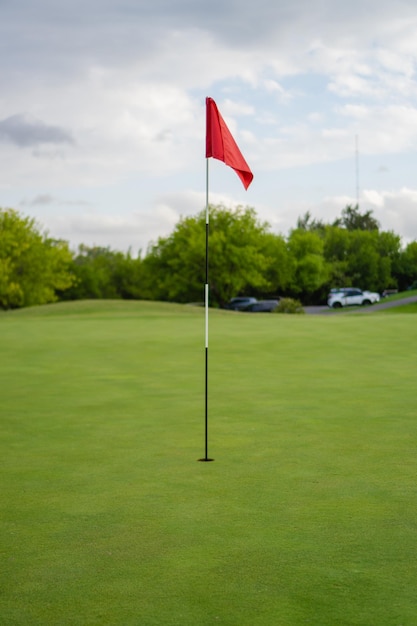 Flaga golfa na polu golfowym z krajobrazem o zachodzie słońca w pionie