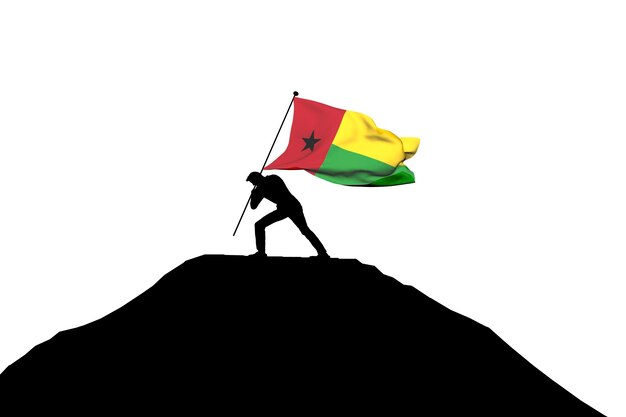 Flaga Gwinei Bissau wpychana na szczyt góry przez męską sylwetkę Renderowanie 3D