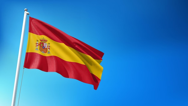 Flaga Hiszpanii latająca na tle błękitnego nieba Renderowanie 3D