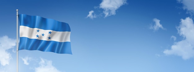 Flaga Hondurasu trójwymiarowy render na białym tle na błękitnym niebie Poziomy baner Ilustracja 3D