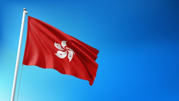 Flaga Hongkongu latająca na tle błękitnego nieba Renderowanie 3D