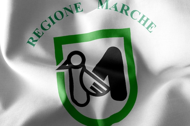 Flaga ilustracja 3D Marche to region Włoch Macha na tle tekstylnej flagi wiatru