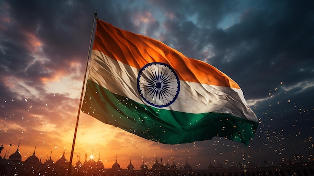 Flaga Indii latająca wysoko z dumą Trójkolorowa flaga dzień republiki Indii Dzień Niepodległości Indii 15