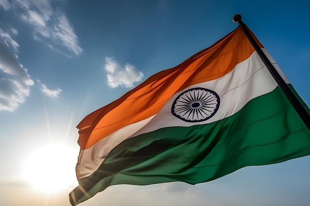 Flaga Indii macha na wietrze na tle niebieskiego nieba