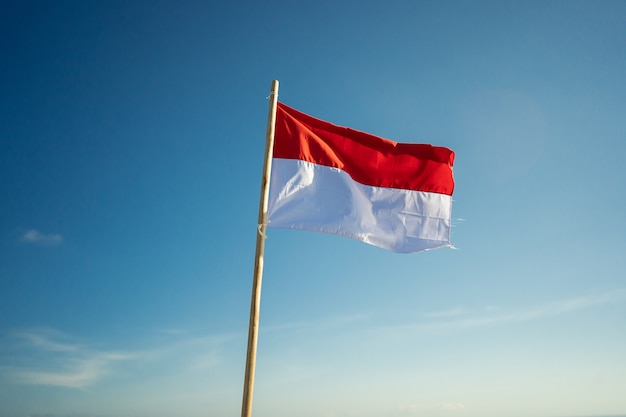 Flaga Indonezji pod błękitnym niebem podnosząca biało-czerwoną flagę
